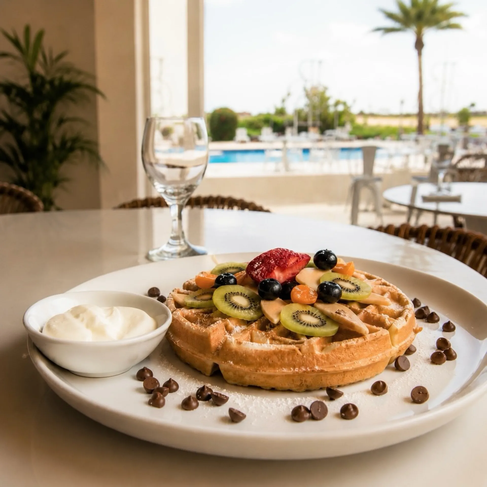 A plated meal at Brisas di Oro with the Gold Coast clubhouse pool beyond